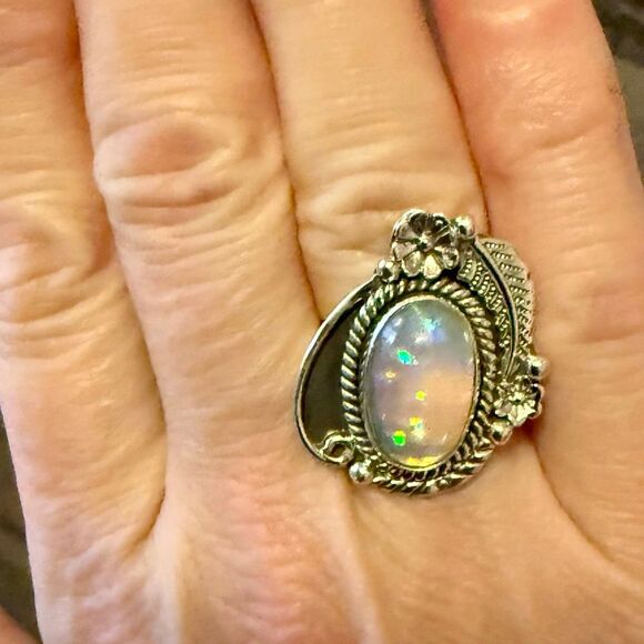 Stunning Ethiopian Fire Opal Ring Southwestern Sterling Silver Floral Framed New - Picture 7 of 7